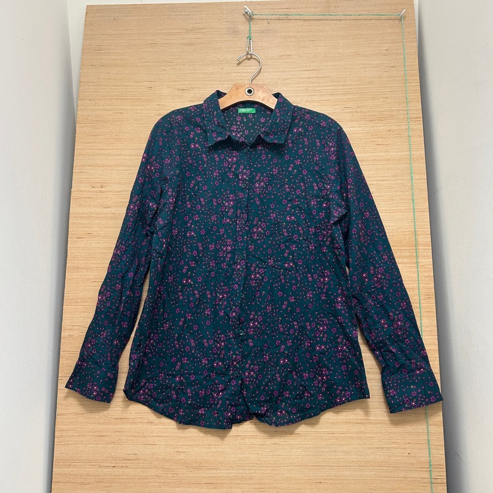 United Colors of Benetton Floral Button Down Shirt Teal Purple Long Sleeve 6903